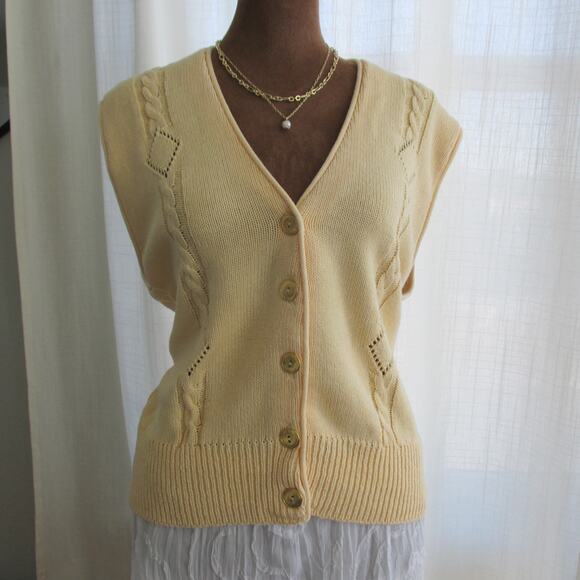 Yarnworks Sweaters - 90s Vintage Yarn Works 100% Cotton V Neck Cable Knit Sweater Vest Gold Buttons M